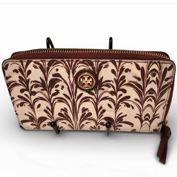 Tory Burch Handbags - Tory Burch leather abstract Floral Burgundy and Cream Wallet confetti interior